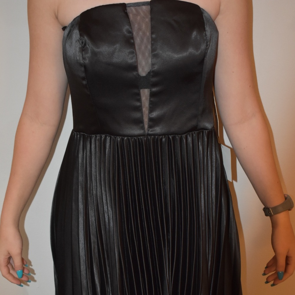 Long strapless accordion skirt dress